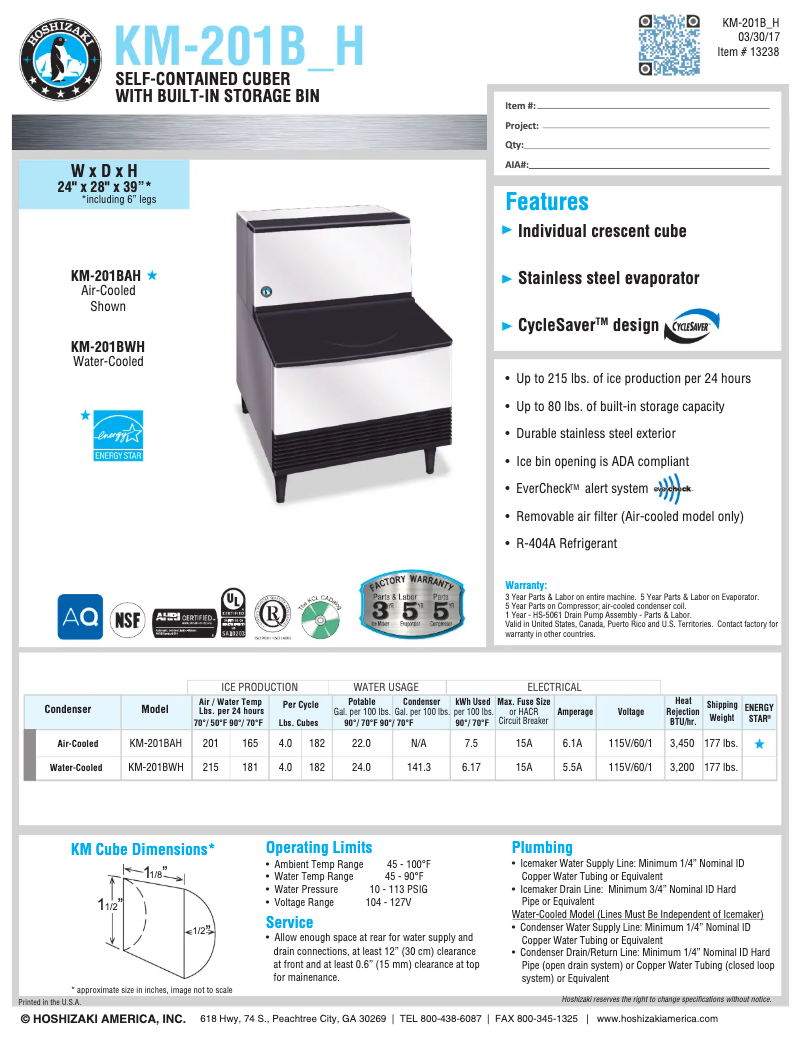 Page 1 de la notice Fiche technique Hoshizaki KM-201BWH