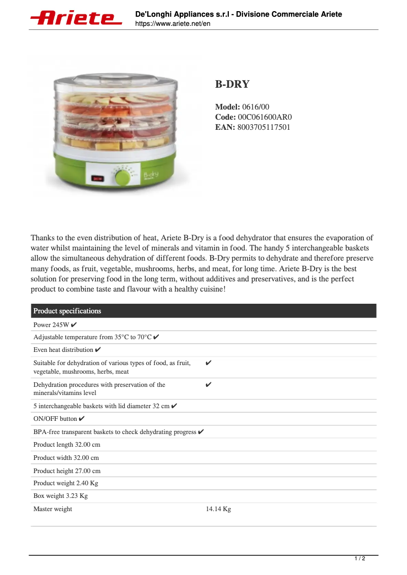 Page n°1 - Fiche technique Ariete B-dry 0616