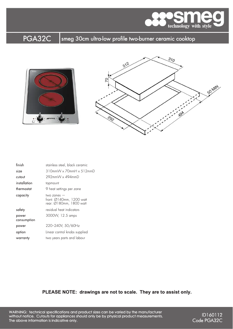 Page n°1 - Fiche technique Smeg PGA32C