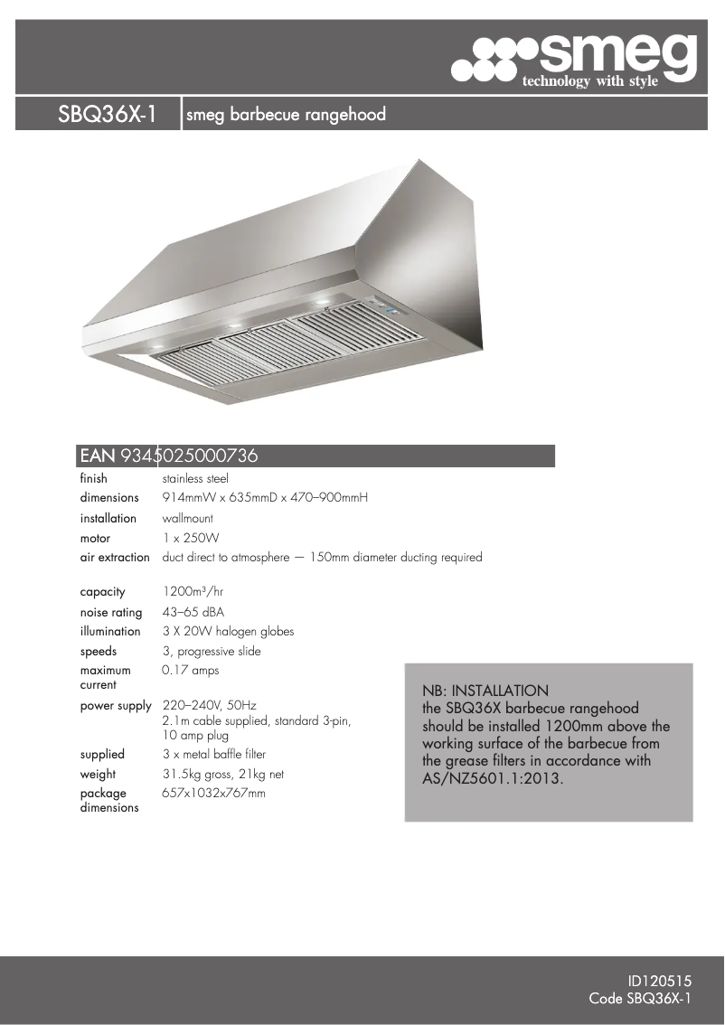 Page 1 de la notice Fiche technique Smeg SBQ36X
