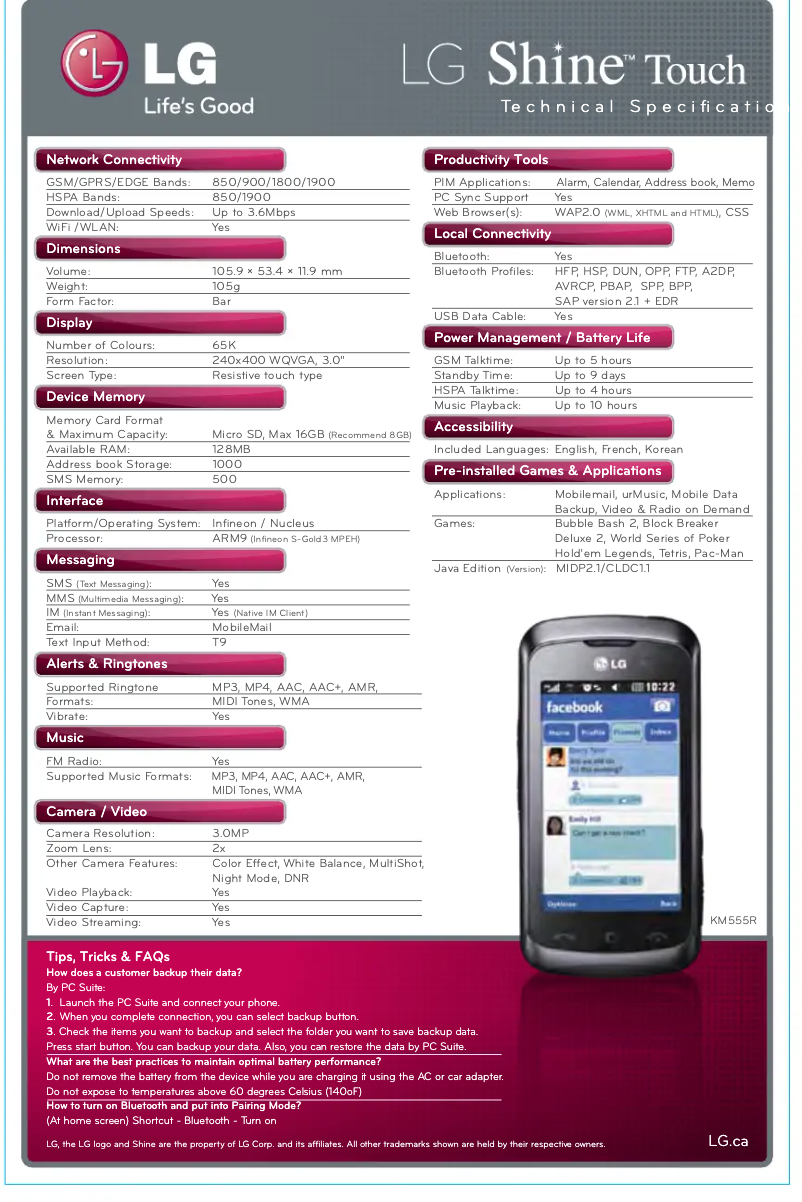 Page 1 de la notice Fiche technique LG KM555R