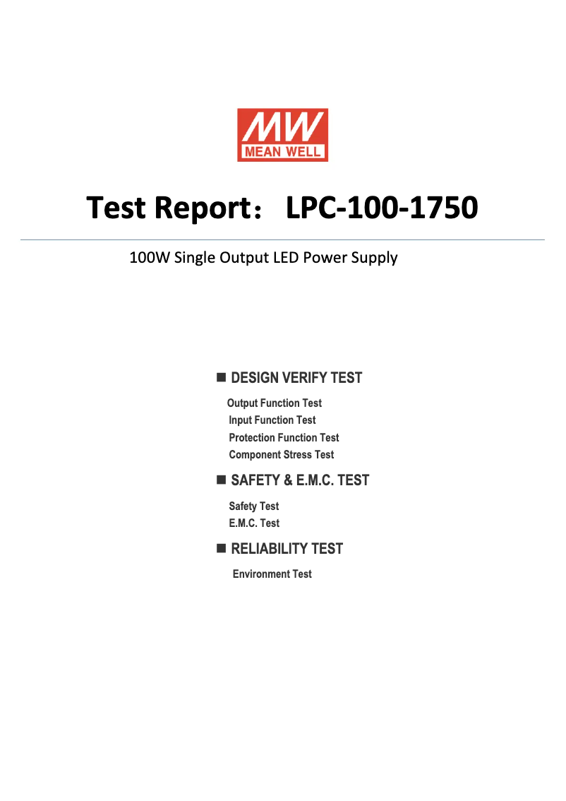 Page 1 de la notice Fiche technique Mean Well LPC-100-1750