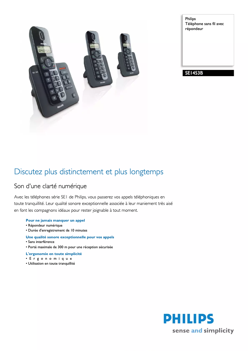Page 1 de la notice Fiche technique Philips SE1453B