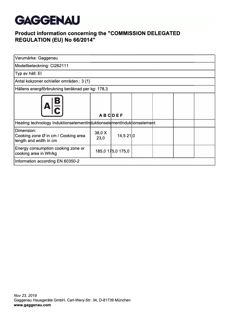 Página 1 del manual Ficha técnica Gaggenau CI262111
