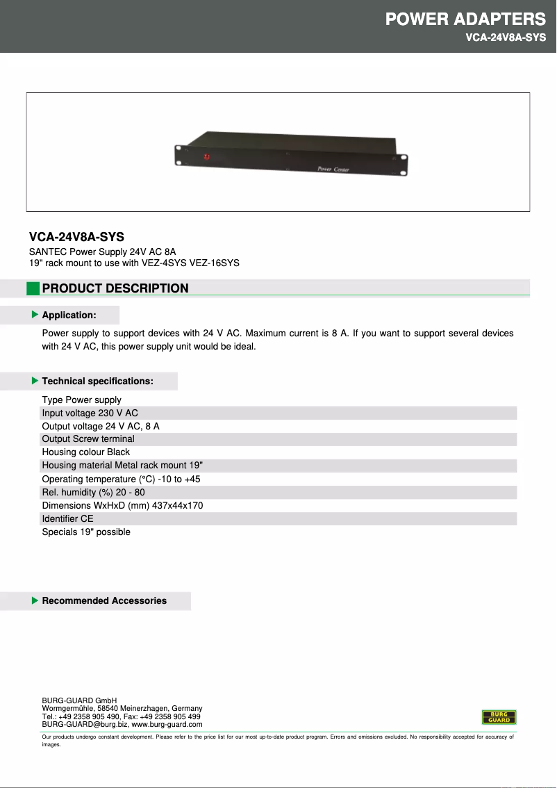 Page 1 de la notice Fiche technique Burg Wächter VCA-24V8A-SYS