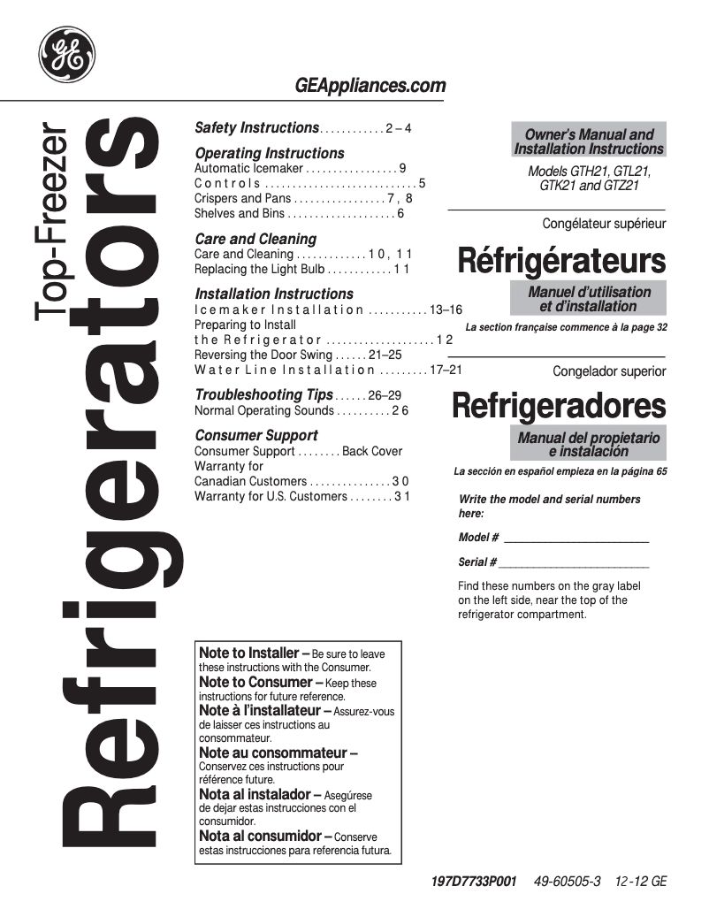 Page 1 de la notice Mode d'emploi GE GTH21GBEBB