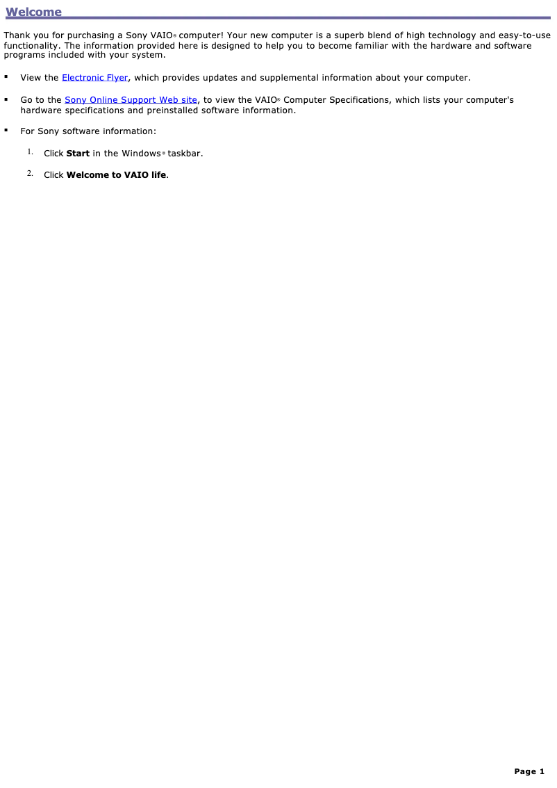 Imagen de la primera página del manual del dispositivo Vaio PCV-RS550