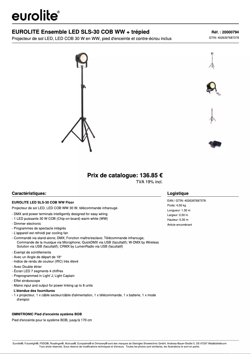 Page 1 de la notice Fiche technique Eurolite LED SLS-30