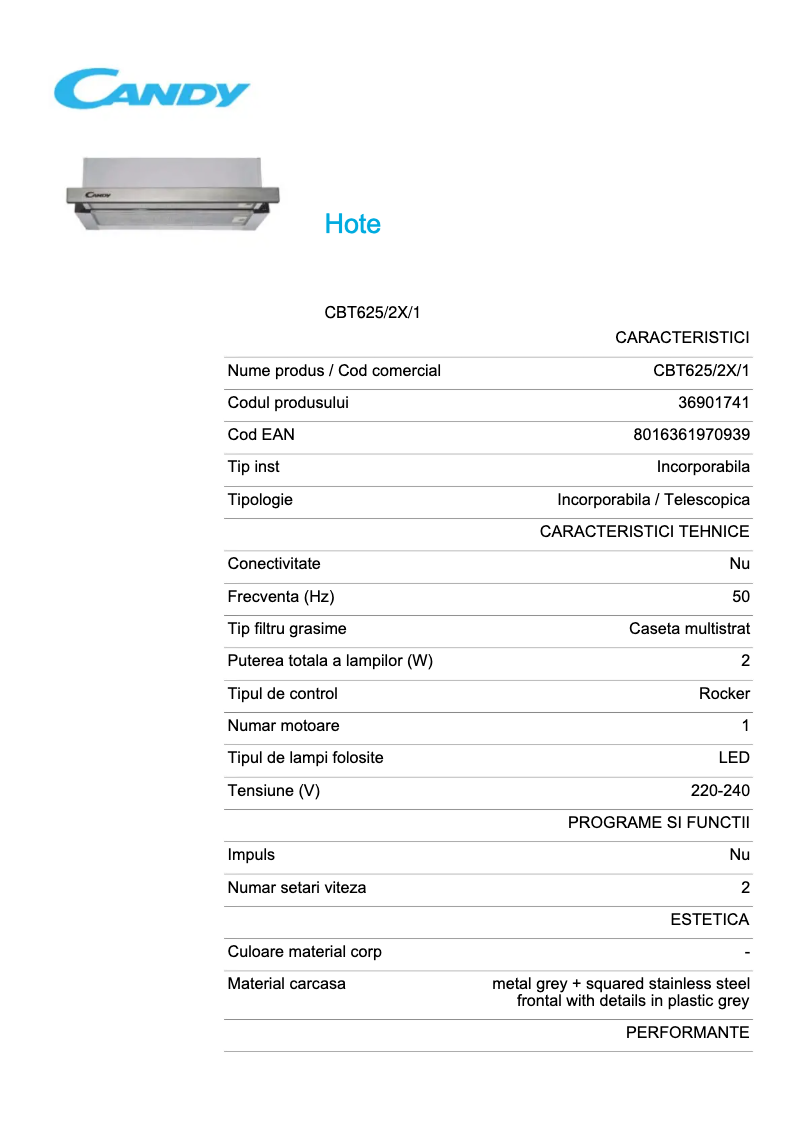 Page 1 de la notice Fiche technique Candy CBT625/2X/1