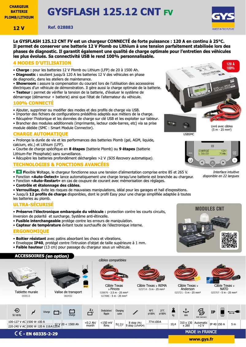 Page 1 de la notice Fiche technique GYS Gysflash 125.12 CNT FV