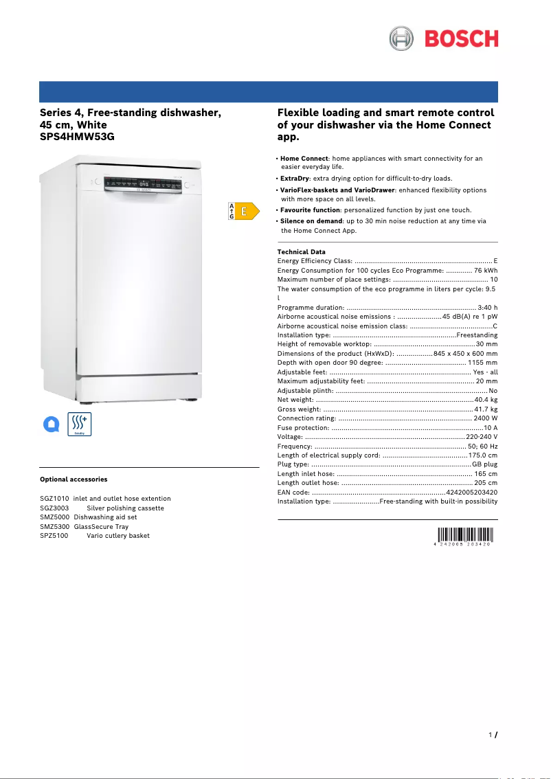 Page 1 of the manual Technical Sheet Bosch SPS4HMW53G