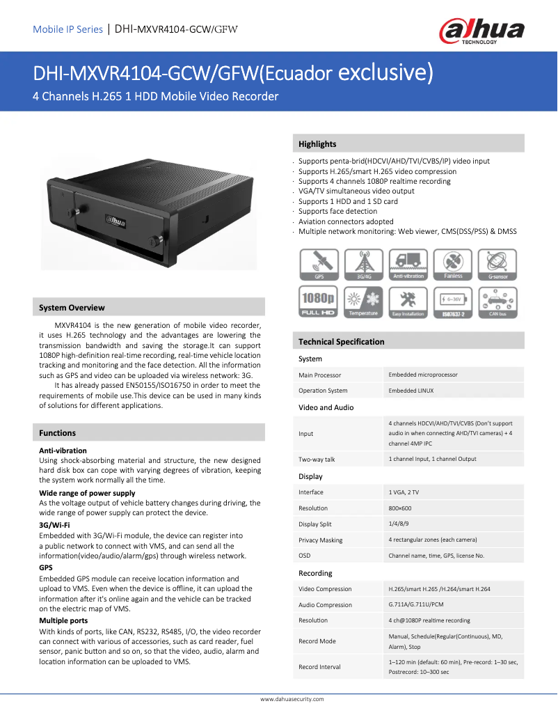 Page n°1 - Fiche technique Dahua Technology DHI-MXVR4104-GCW/GFW