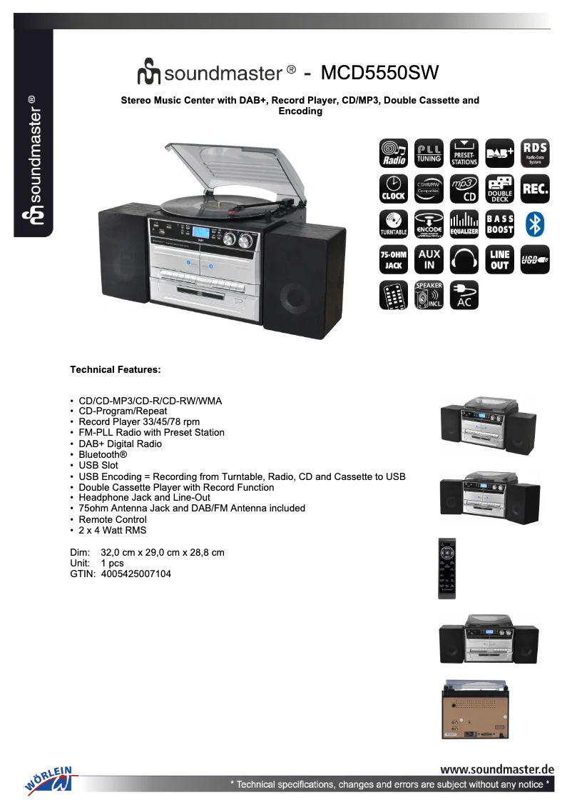 Page 1 de la notice Fiche technique Soundmaster MCD5550SW