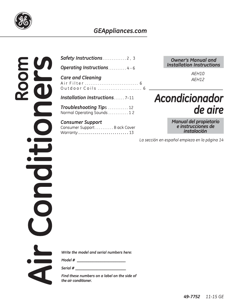 Página 1 del manual Guía de instalación GE AEH10AP