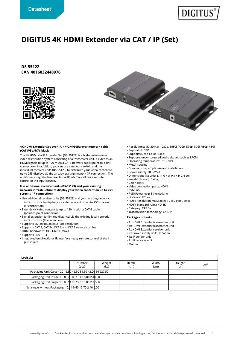 Page 1 de la notice Fiche technique Digitus DS-55122