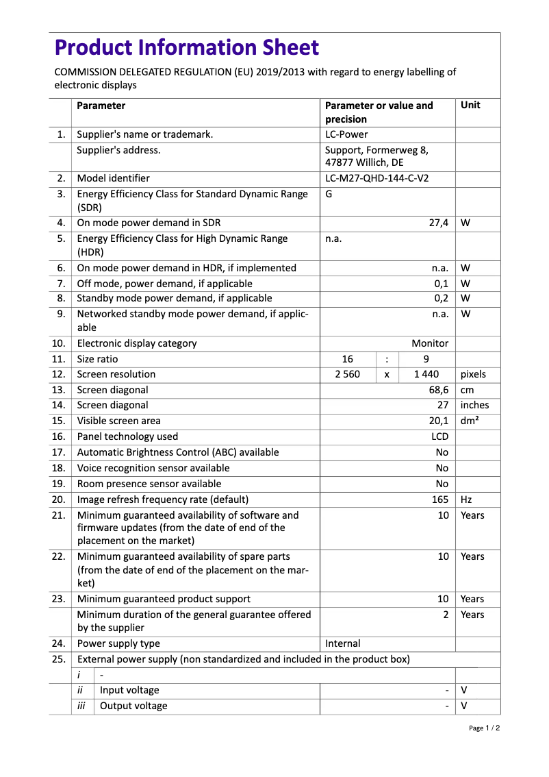 Page 1 de la notice Fiche technique LC-Power LC-M27-QHD-144-C-V2