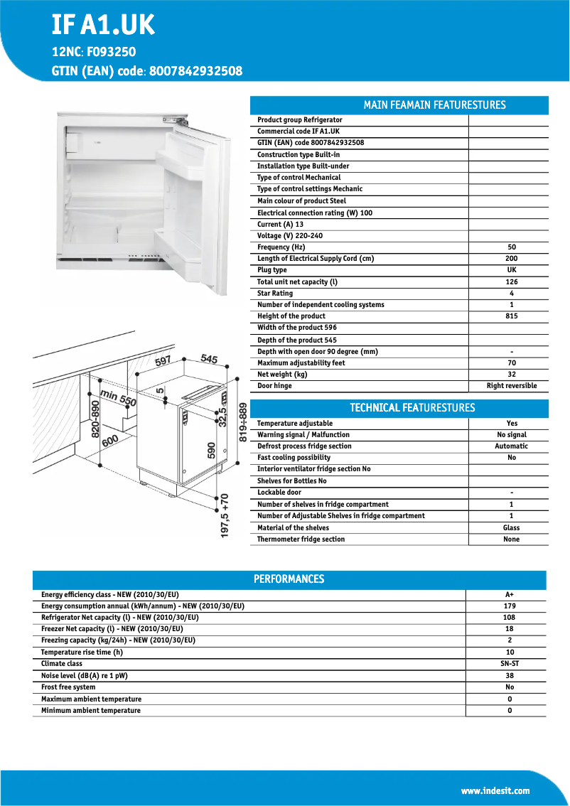 Page 1 de la notice Manuel d'utilisation et d'entretien Indesit IF A1.UK.1