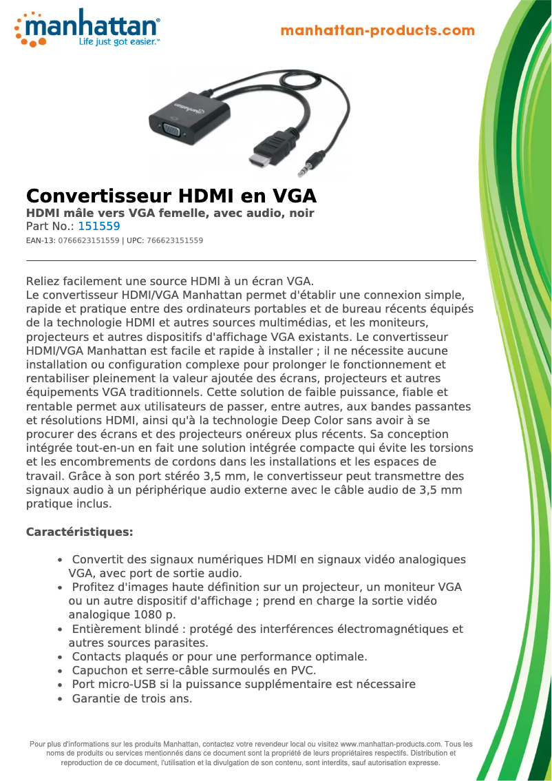 Page 1 de la notice Fiche technique Manhattan 151559