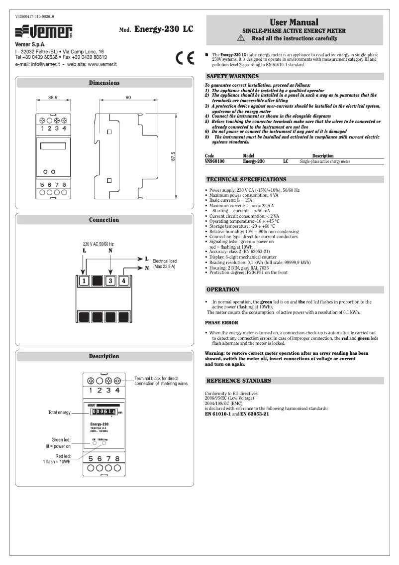 Page 1 de la notice Manuel utilisateur Vemer Energy-230 LC