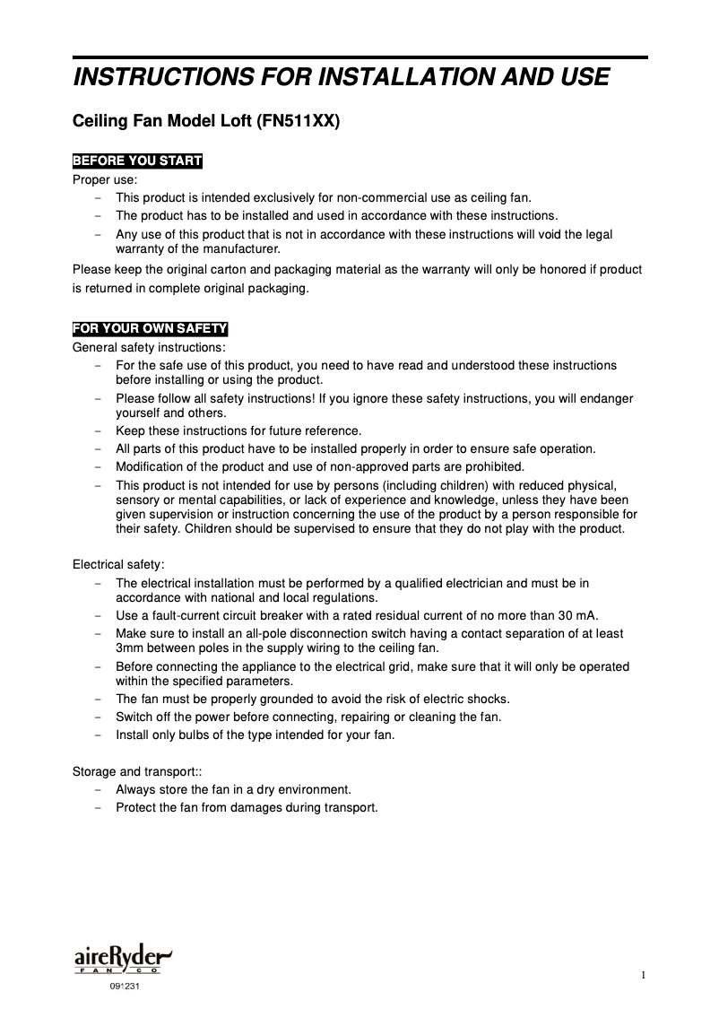 Page 1 de la notice Manuel utilisateur AireRyder Loft