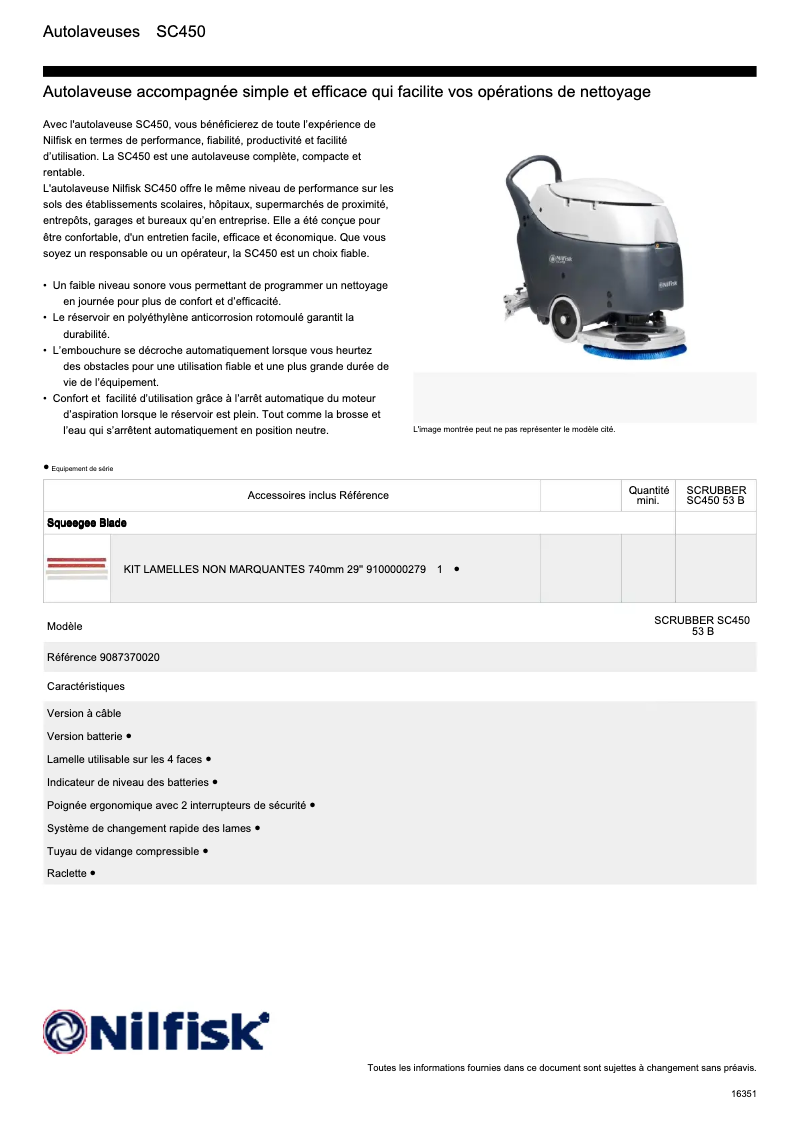 Page 1 de la notice Fiche technique Nilfisk SC450