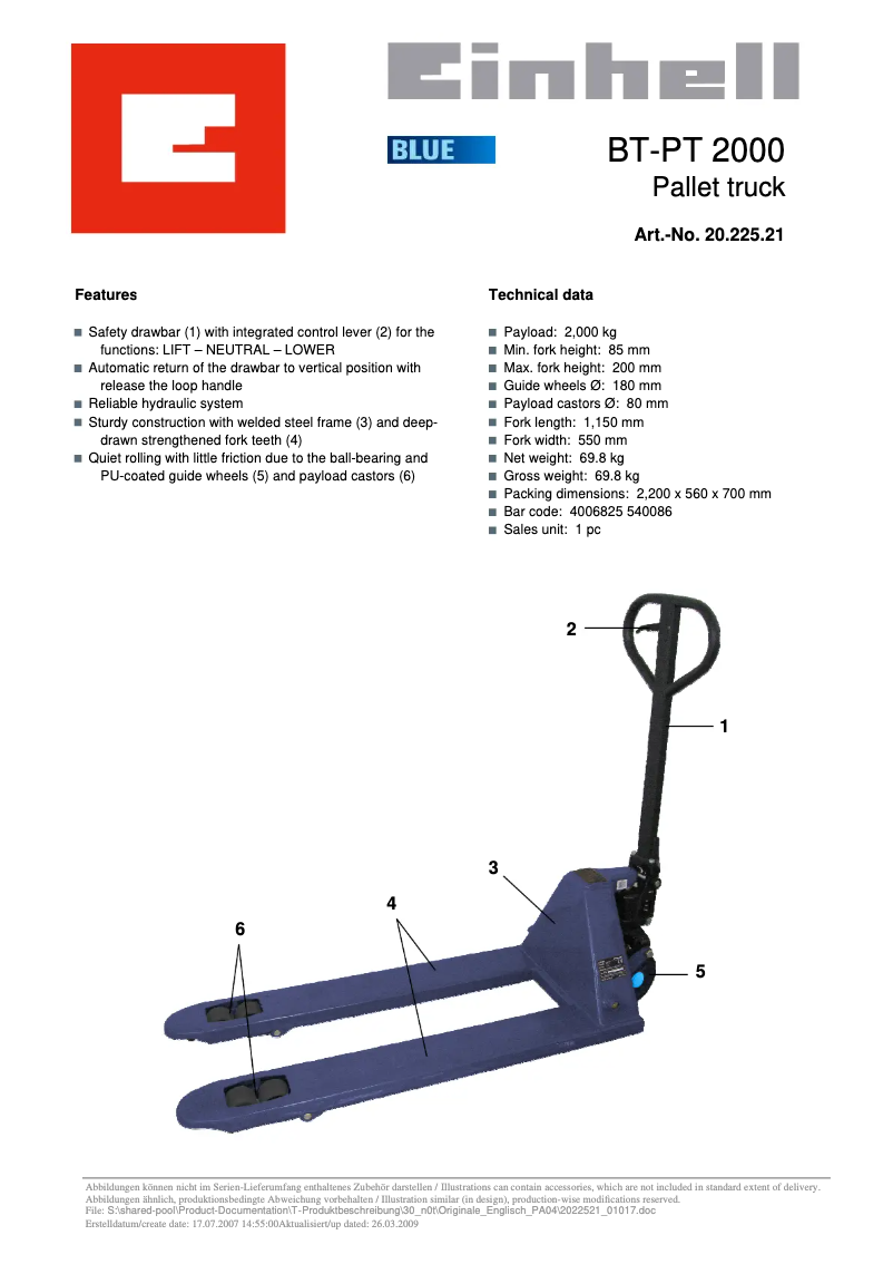 Page n°1 - Manuel utilisateur Einhell BT-PT 2000