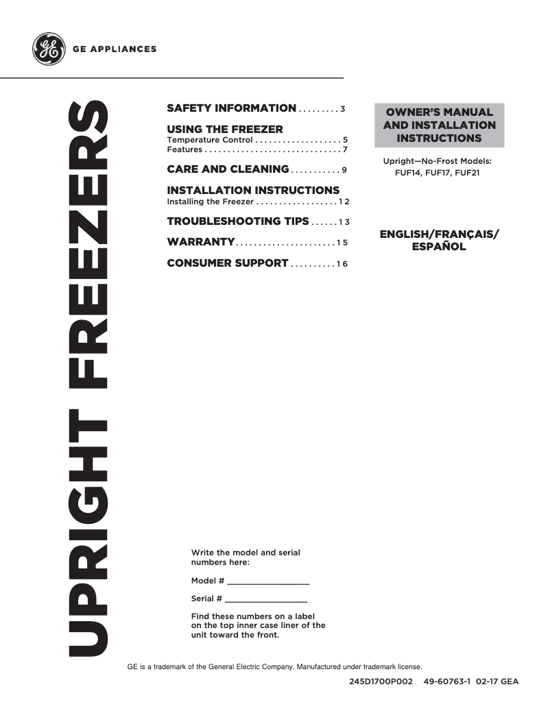 Page n°1 - Manuel utilisateur GE FUF17DLRWW