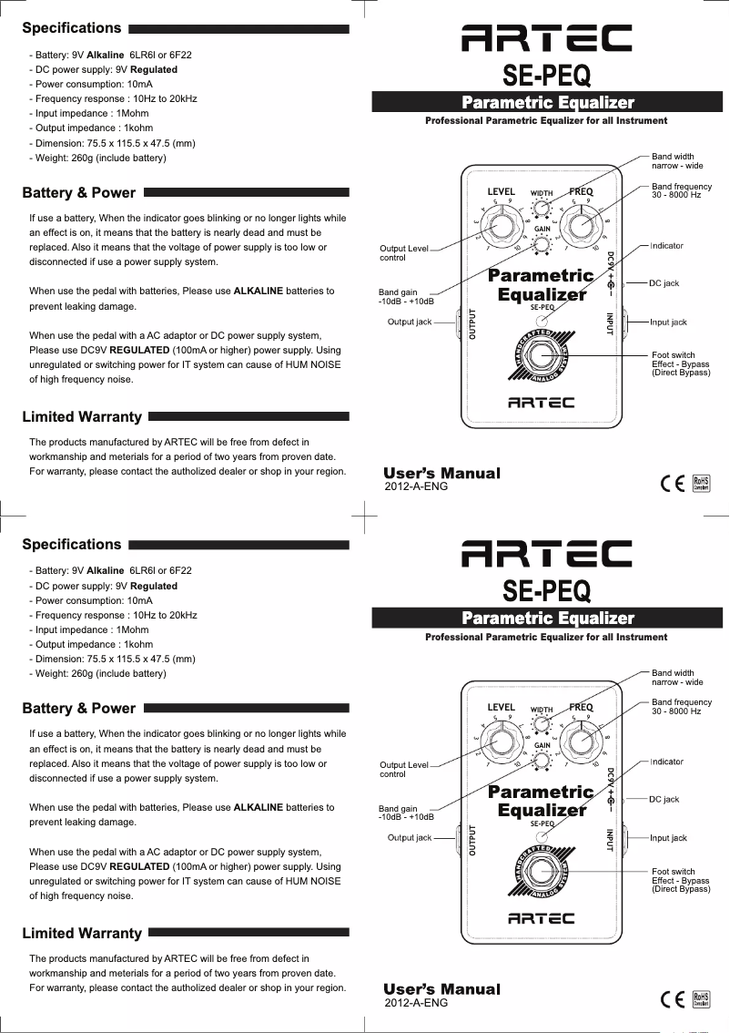 Page 1 de la notice Manuel utilisateur Artec Parametric EQ