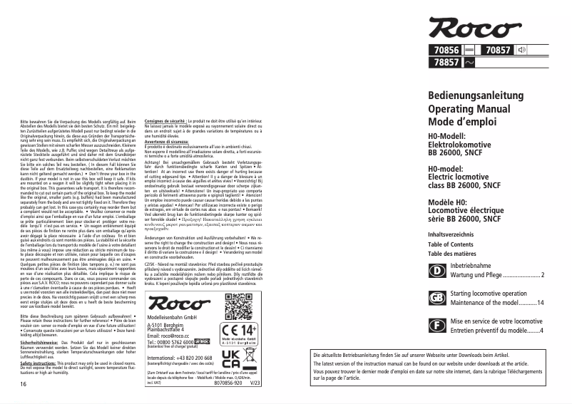 Page n°1 - Manuel utilisateur Roco 70856