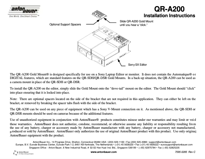 Page n°1 - Guide d'installation Anton/Bauer QR-A200