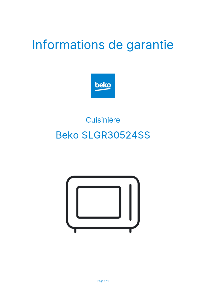 Page n°1 - Informations de garantie Beko SLGR30524SS