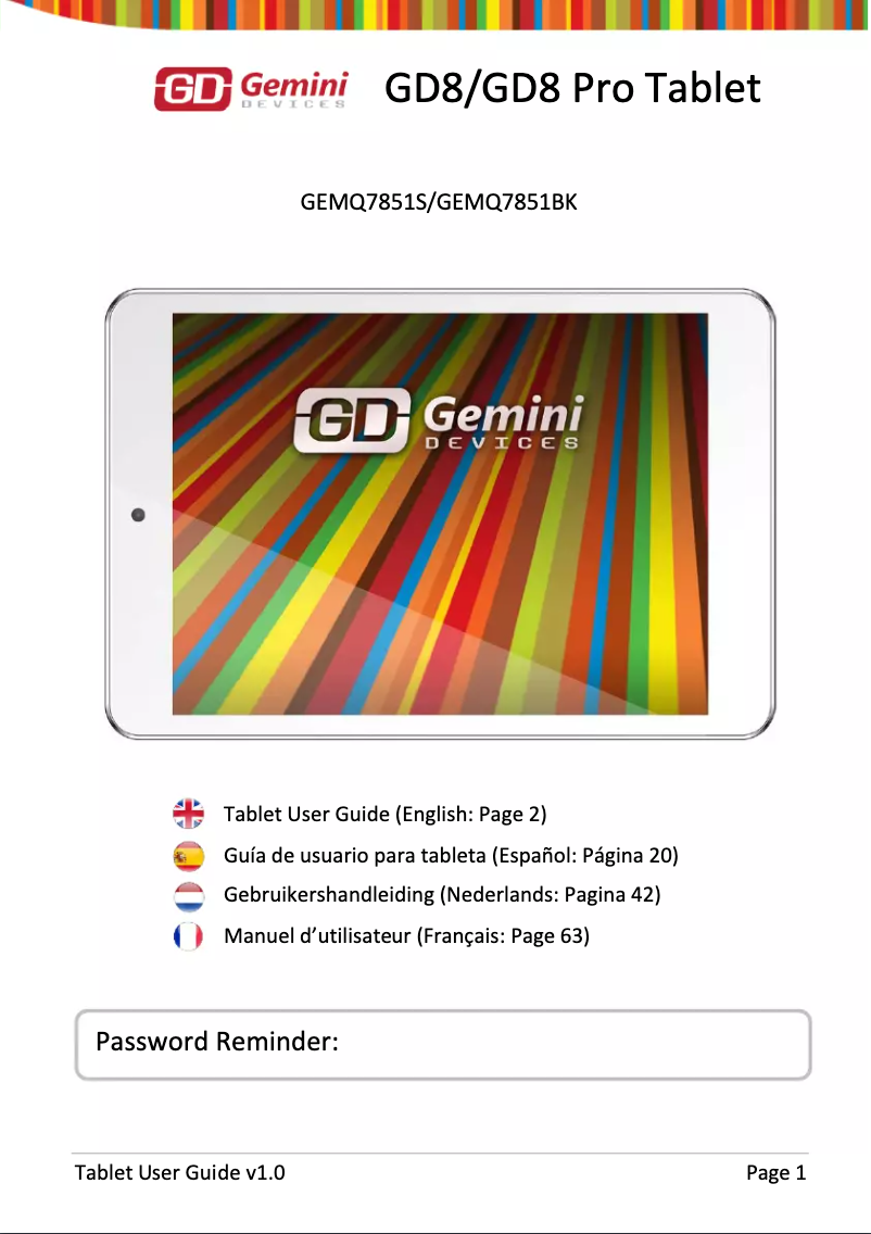 Page 1 de la notice Manuel utilisateur Gemini GD8 Pro Tablet GEMQ7851BK
