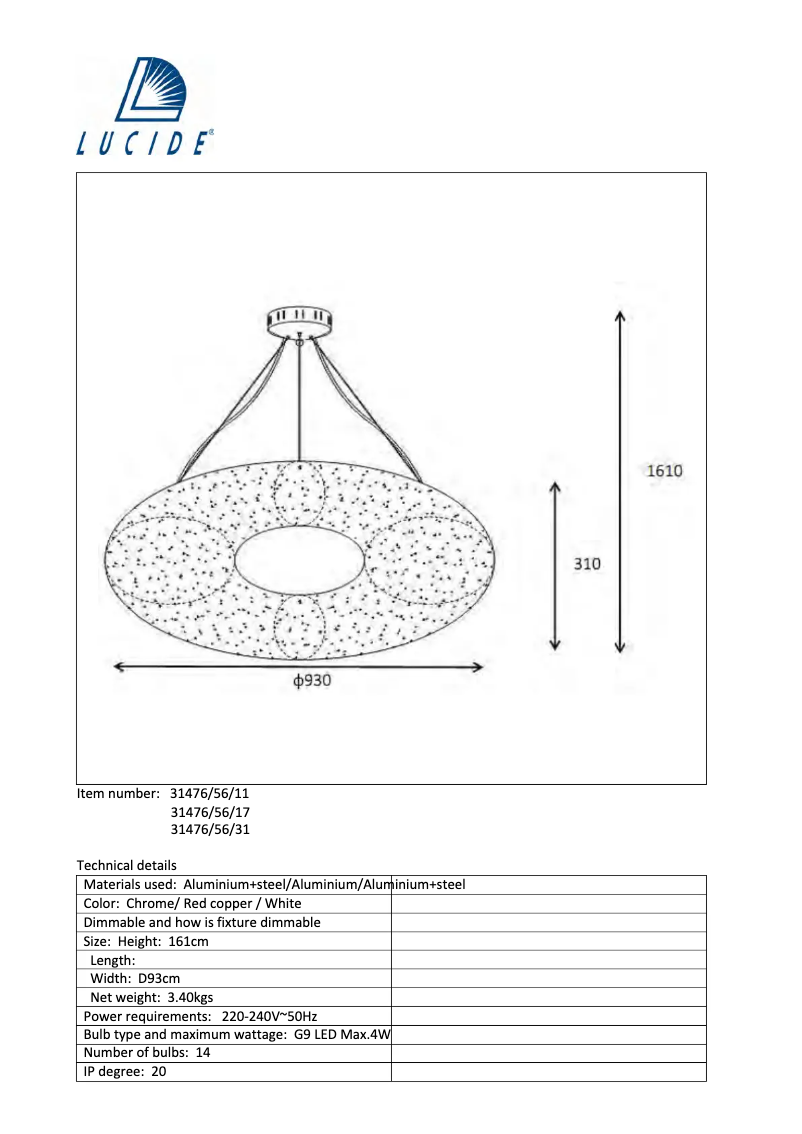 Page 1 de la notice Manuel utilisateur Lucide Galileo 31476/56/31