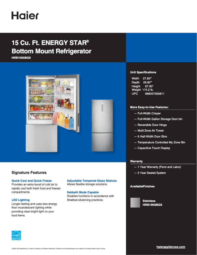 Page n°1 - Fiche technique Haier HRB15N3BGS