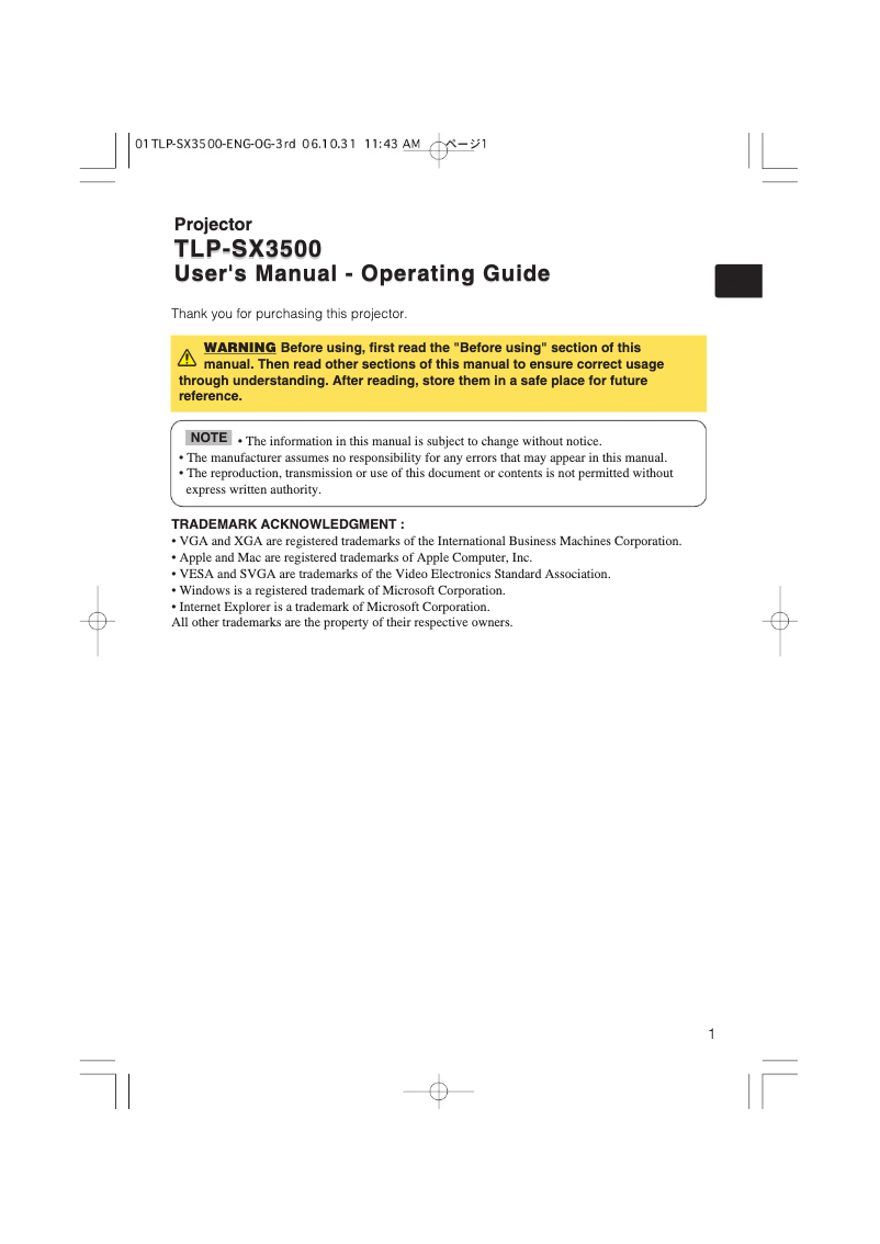 Page 1 de la notice Manuel utilisateur Toshiba TLP-SX3500