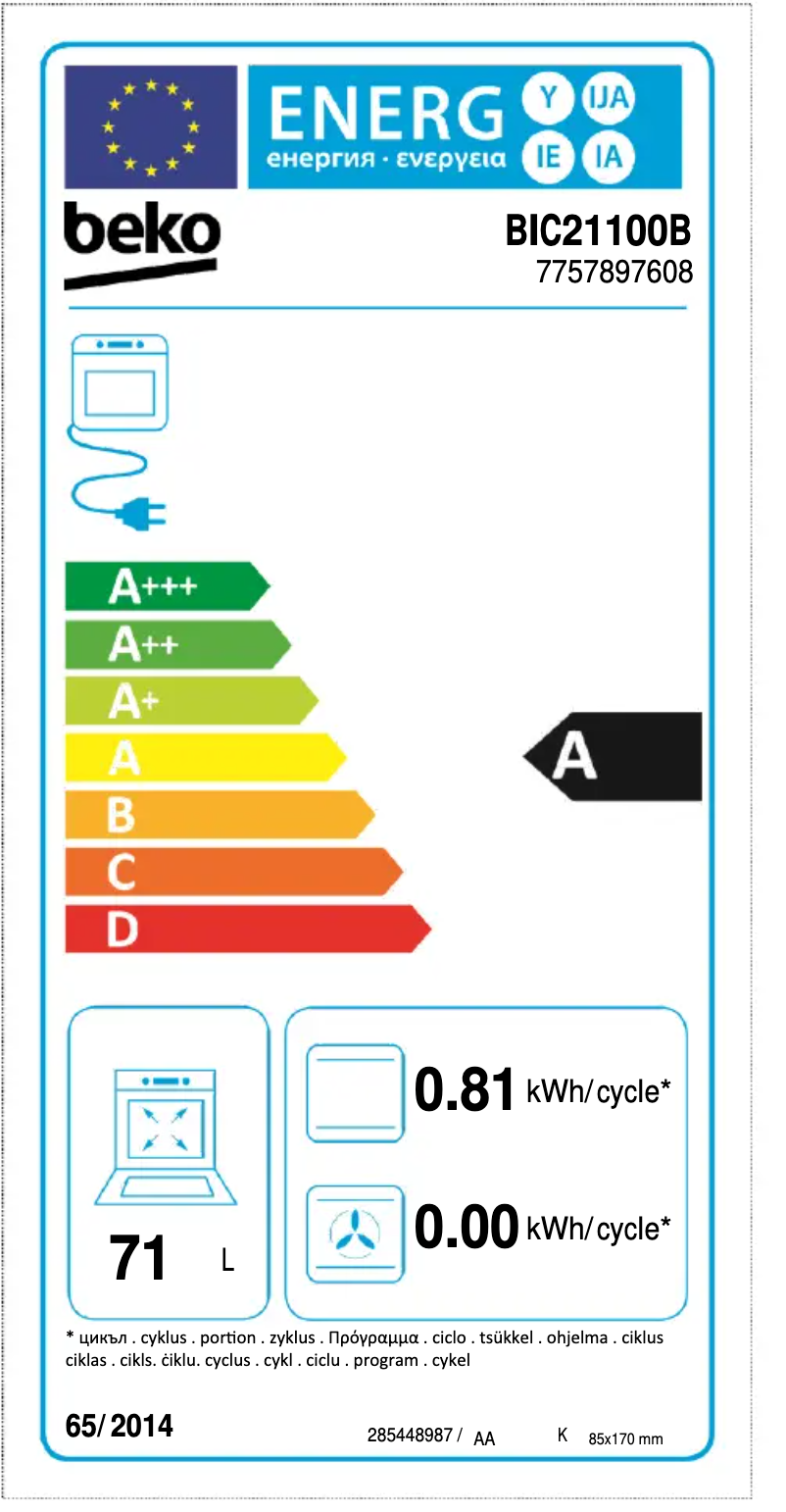 Page 1 de la notice Label énergétique Beko BIC21100B