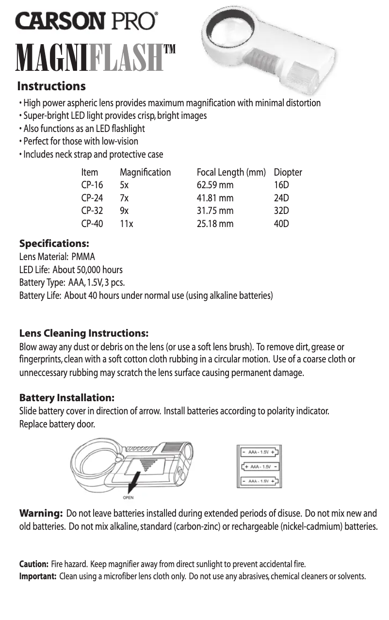 Page 1 de la notice Manuel utilisateur Carson MagniFlash CP-40
