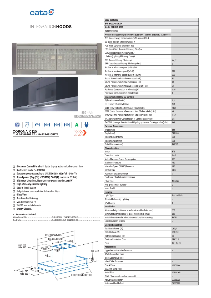 Page 1 de la notice Fiche technique CATA CORONA X 120