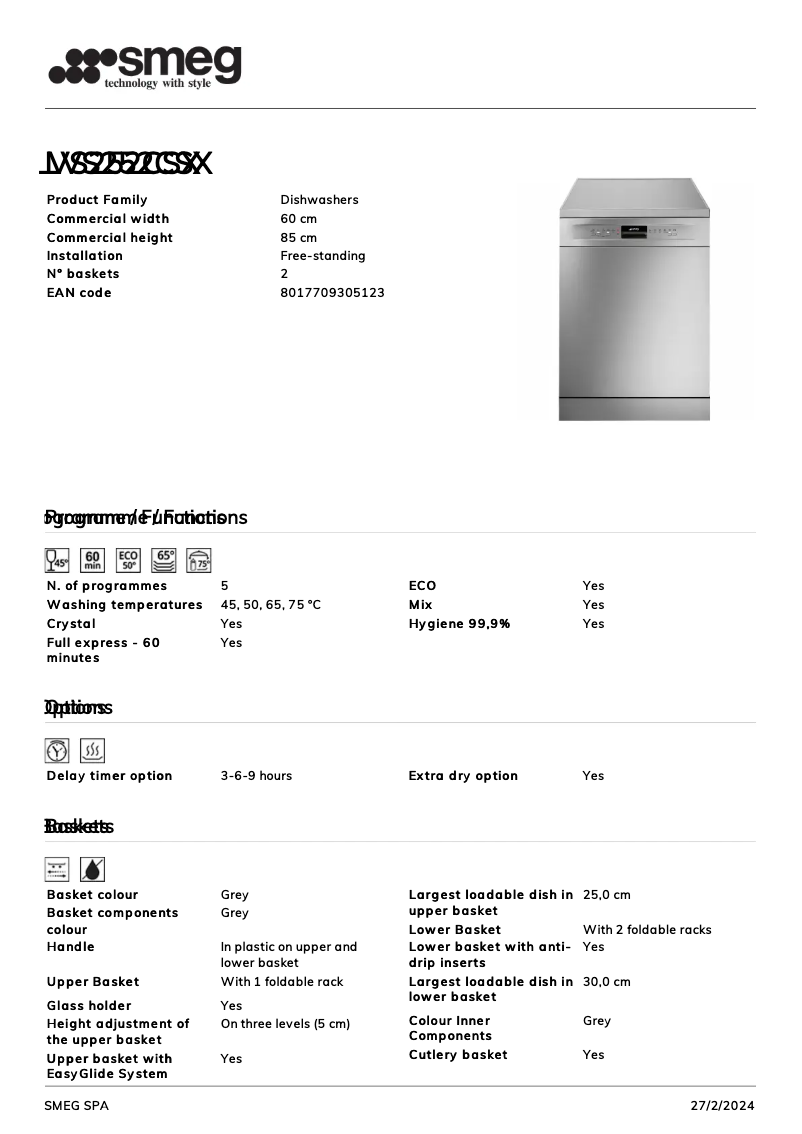 Page 1 de la notice Fiche technique Smeg LVS252CSX