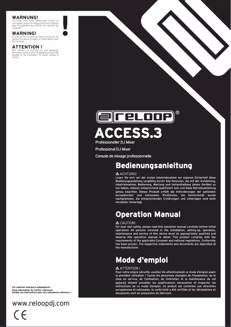 Page 1 de la notice Manuel utilisateur Reloop Access 3 mengpaneel