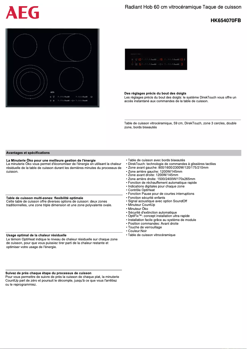 Page 1 de la notice Fiche technique AEG HK654070FB