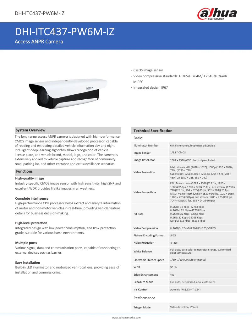 Page 1 de la notice Fiche technique Dahua Technology ITC437-PW6M-IZ