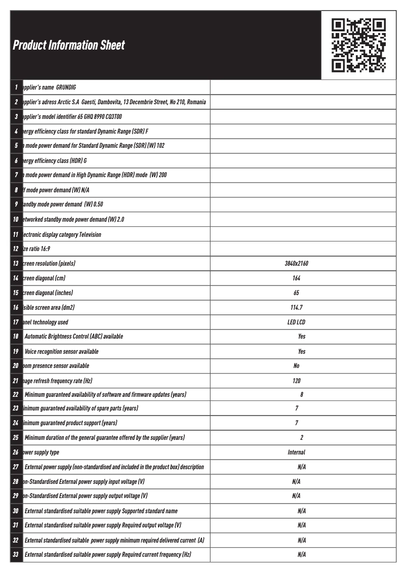 Page 1 de la notice Fiche technique Grundig 65 GHQ 8990