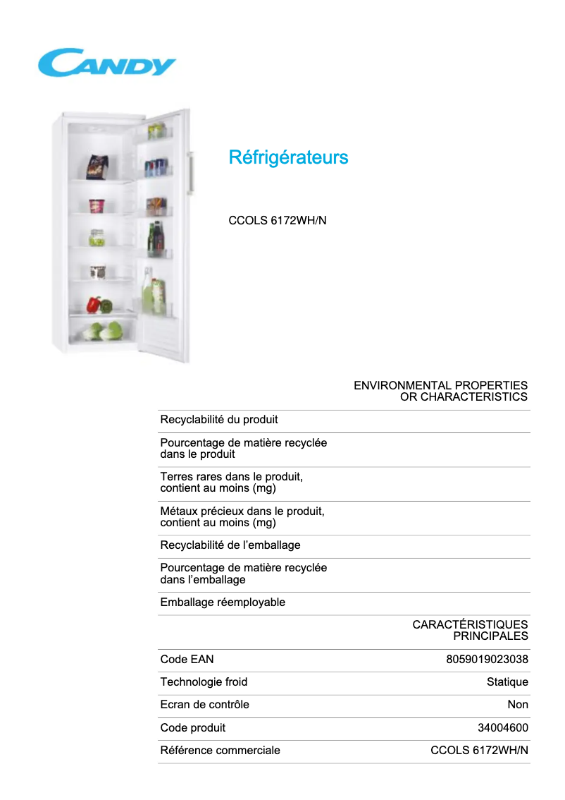 Page 1 de la notice Fiche technique Candy CCOLS 6172WH/N