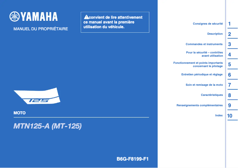 Page 1 de la notice Manuel utilisateur Yamaha MT125 (2021)