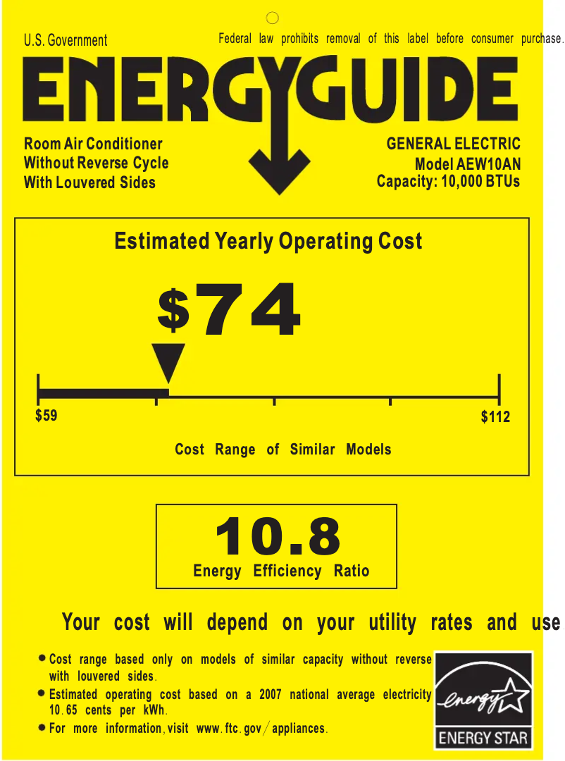 Page n°1 - Label énergétique GE AEW10AN