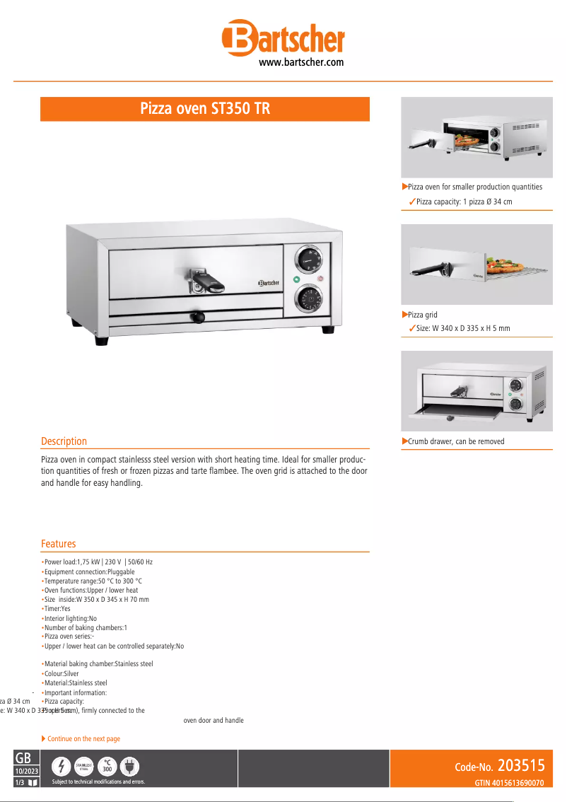 Page 1 de la notice Fiche technique Bartscher ST350 TR