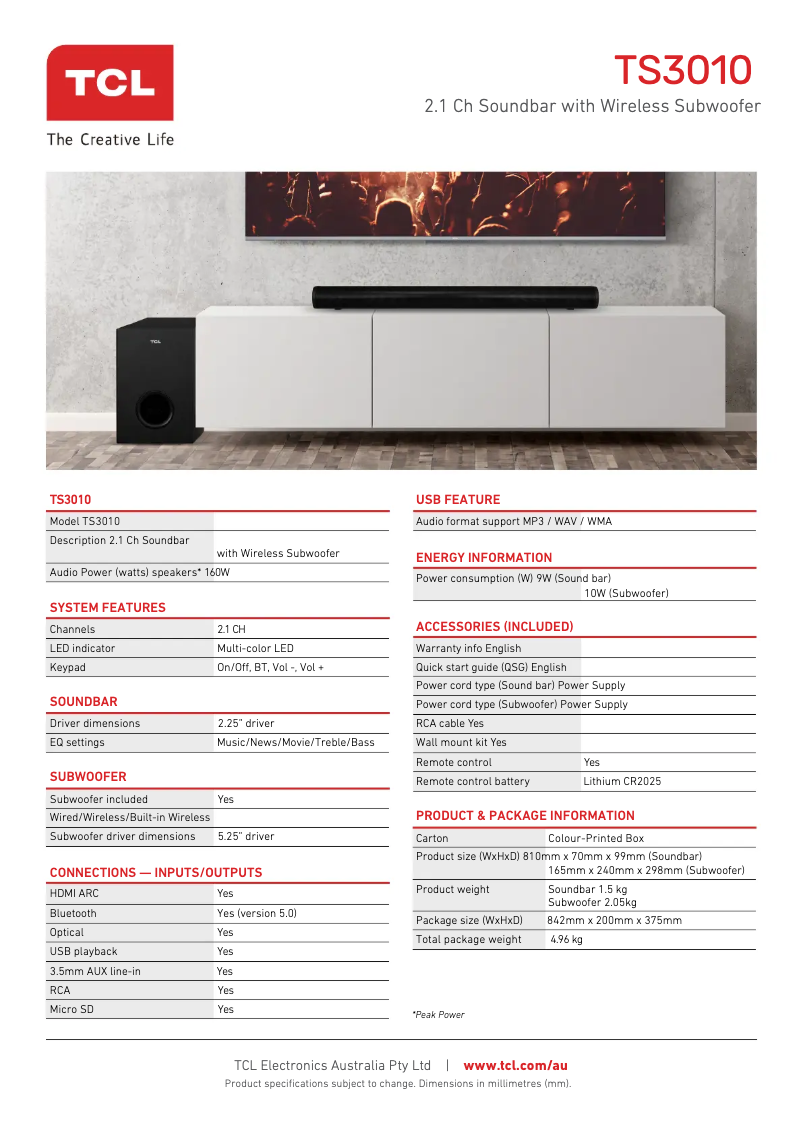 Page 1 de la notice Fiche technique TCL TS3010