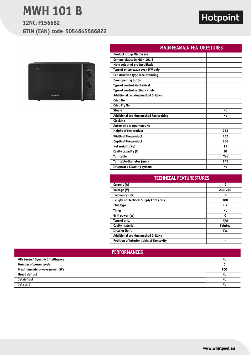 Page n°1 - Fiche technique Hotpoint MWH 101 B