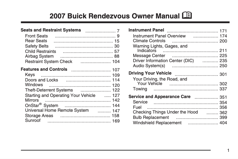 Page 1 de la notice Manuel utilisateur Buick Rendezvous (2003)
